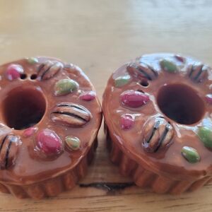 Ceramic Donut Salt and Pepper Shakers - Brown with Red & Green Accents